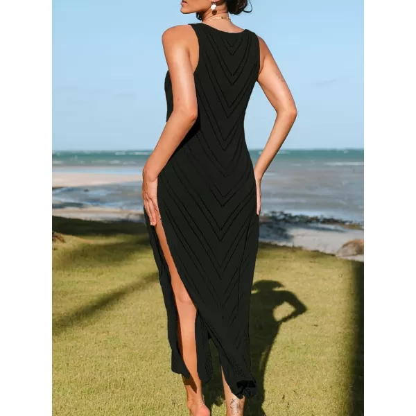 imageCUPSHE Womens Crochet Coverups Sleeveless Beachwear Dresses Sexy Side Slit Maxi Beachwear 2024Black