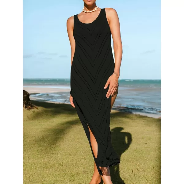 imageCUPSHE Womens Crochet Coverups Sleeveless Beachwear Dresses Sexy Side Slit Maxi Beachwear 2024Black