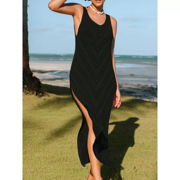 imageCUPSHE Womens Crochet Coverups Sleeveless Beachwear Dresses Sexy Side Slit Maxi Beachwear 2024Black