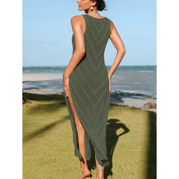 imageCUPSHE Womens Crochet Coverups Sleeveless Beachwear Dresses Sexy Side Slit Maxi Beachwear 2024Grayish Green