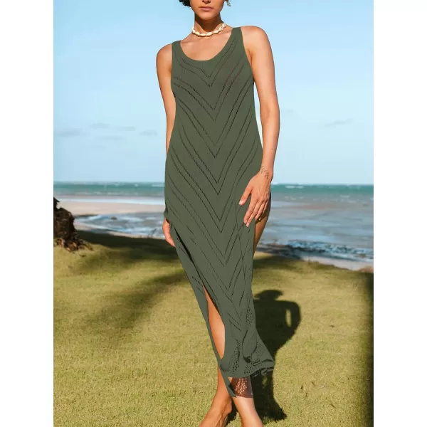 imageCUPSHE Womens Crochet Coverups Sleeveless Beachwear Dresses Sexy Side Slit Maxi Beachwear 2024Grayish Green