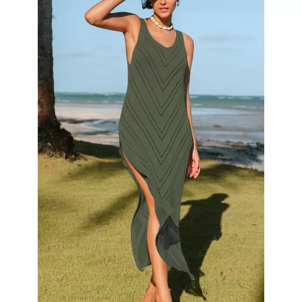 imageCUPSHE Womens Crochet Coverups Sleeveless Beachwear Dresses Sexy Side Slit Maxi Beachwear 2024Grayish Green