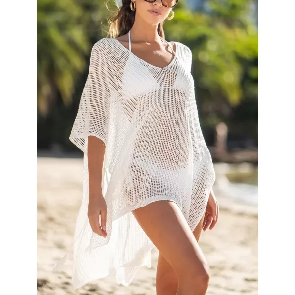 imageCUPSHE Womens Crochet Fringe V Neck Cover Up Sheer Knit Dolman Sleeve Cover Up DressWhite