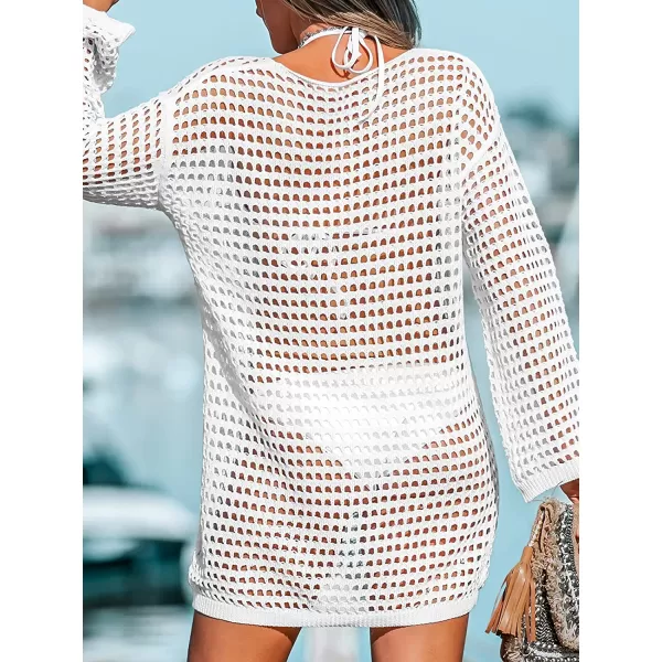 imageCUPSHE Womens Crochet Knit Swim Beach Cover Up Scoop Neck Long Sleeve Boho Tunic Top BeachwearWhite