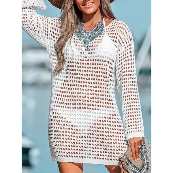 imageCUPSHE Womens Crochet Knit Swim Beach Cover Up Scoop Neck Long Sleeve Boho Tunic Top BeachwearWhite