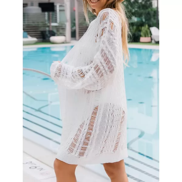 imageCUPSHE Womens Crochet Open Front Ribbed Swim Beach Cover Up Long Sleeve Kimono Beach DressWhite