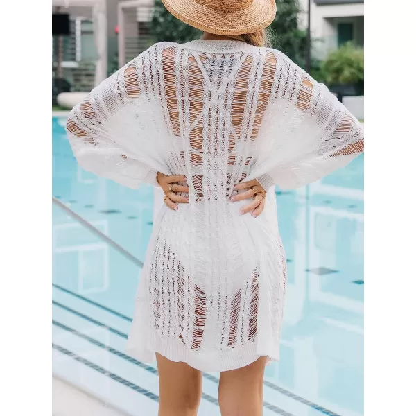 imageCUPSHE Womens Crochet Open Front Ribbed Swim Beach Cover Up Long Sleeve Kimono Beach DressWhite