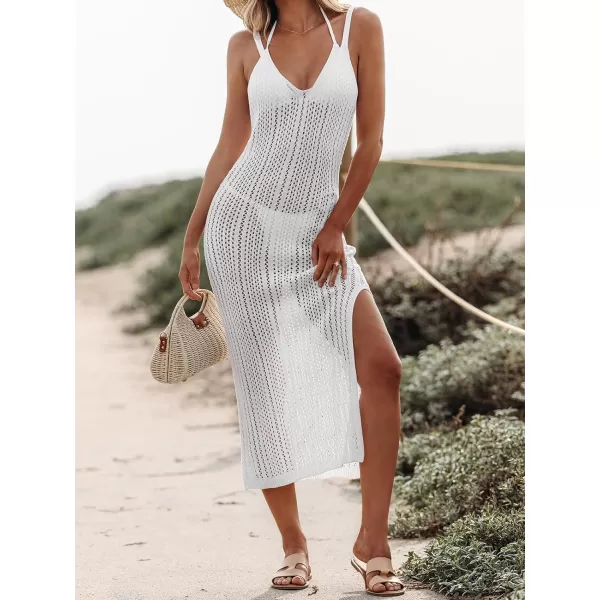 imageCUPSHE Womens Crochet Sleeveless Swimsuit Cover Ups Cut Out Slim Fit Swimwear Coverup Fishnet Beach DressWhite