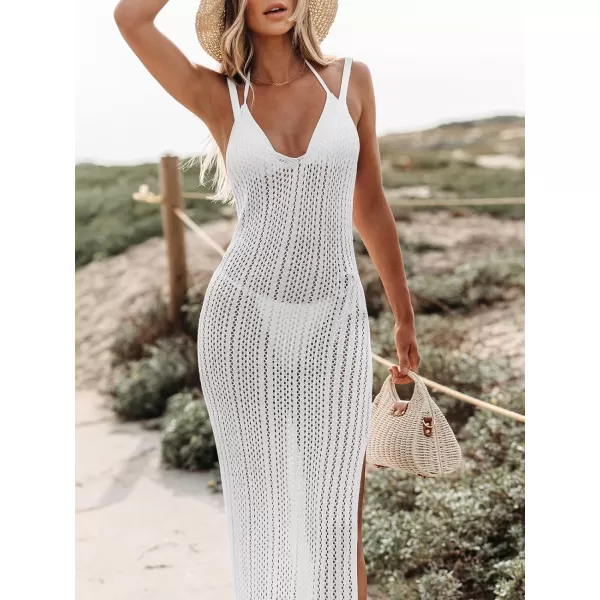 imageCUPSHE Womens Crochet Sleeveless Swimsuit Cover Ups Cut Out Slim Fit Swimwear Coverup Fishnet Beach DressWhite