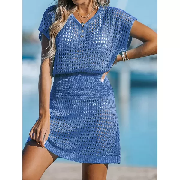 imageCUPSHE Womens Crochet Swim Beach Cover Up Button Short SleeveBlue