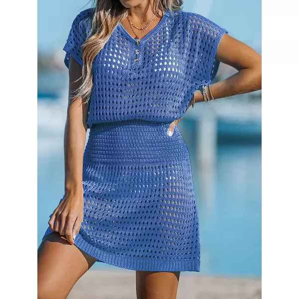 imageCUPSHE Womens Crochet Swim Beach Cover Up Button Short SleeveBlue