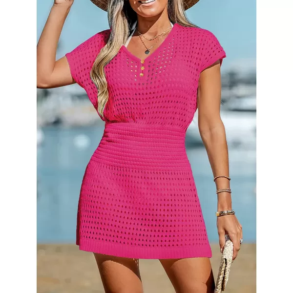 imageCUPSHE Womens Crochet Swim Beach Cover Up Button Short SleeveFuchsia