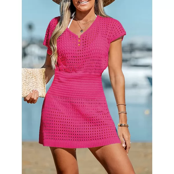 imageCUPSHE Womens Crochet Swim Beach Cover Up Button Short SleeveFuchsia
