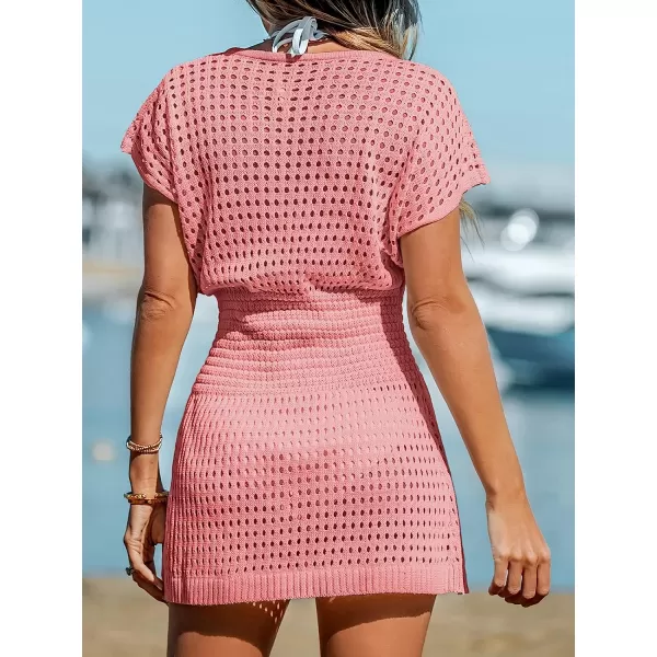 imageCUPSHE Womens Crochet Swim Beach Cover Up Button Short SleevePink