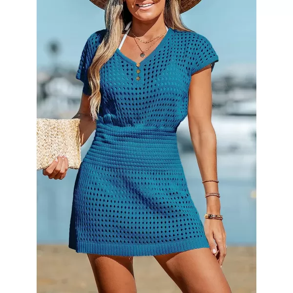 imageCUPSHE Womens Crochet Swim Beach Cover Up Button Short SleeveTurquoise 2