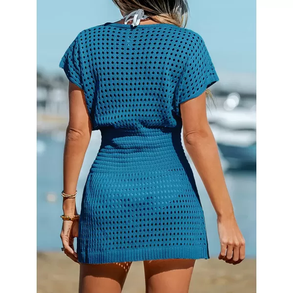 imageCUPSHE Womens Crochet Swim Beach Cover Up Button Short SleeveTurquoise 2