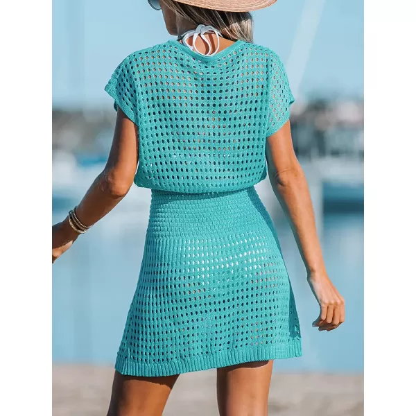 imageCUPSHE Womens Crochet Swim Beach Cover Up Button Short SleeveTurquoise