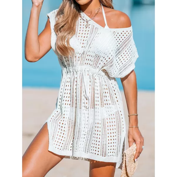 imageCUPSHE Womens Crochet Swim Cover Up Mini Dress Swimwear Knit Short Sleeve Beach Pullover CoverupsWhite