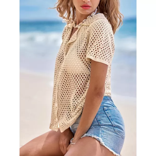 imageCUPSHE Womens Crochet Swimsuit Coverup Short Sleeve Button Front Cutout Beach Cover Ups Collared Knit TopBeige
