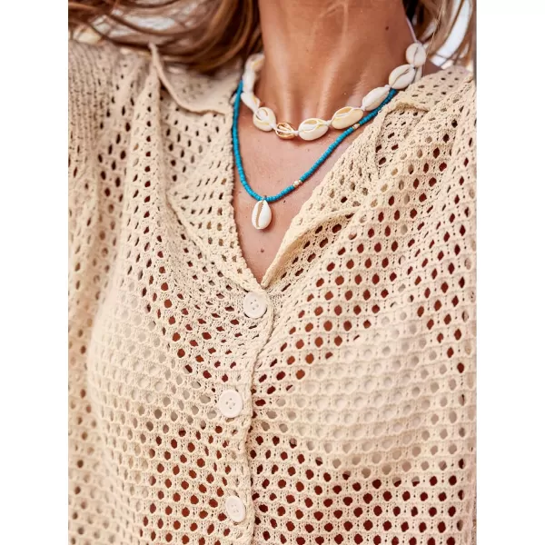 imageCUPSHE Womens Crochet Swimsuit Coverup Short Sleeve Button Front Cutout Beach Cover Ups Collared Knit TopBeige