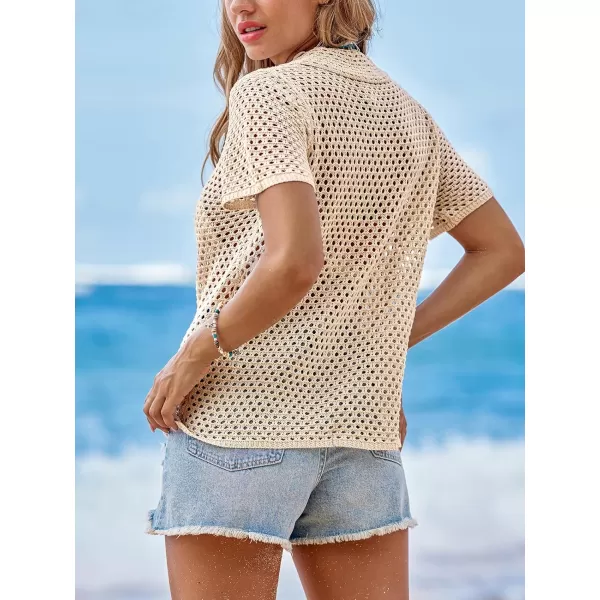 imageCUPSHE Womens Crochet Swimsuit Coverup Short Sleeve Button Front Cutout Beach Cover Ups Collared Knit TopBeige