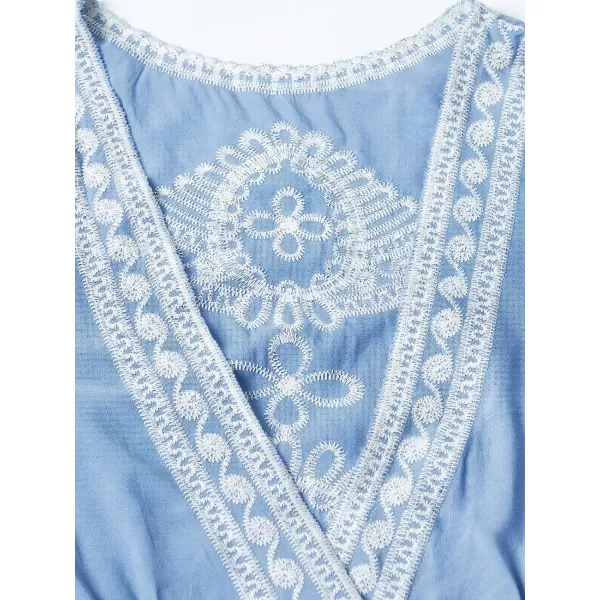 imageCUPSHE Womens Crochet V Neck Plunge Embroidery Half Sleeves Cover Up Loose Waisted Tea Length DressBlue