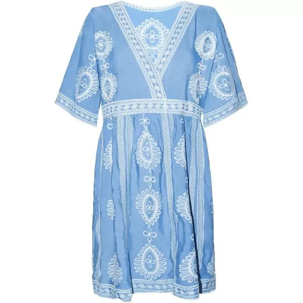 imageCUPSHE Womens Crochet V Neck Plunge Embroidery Half Sleeves Cover Up Loose Waisted Tea Length DressBlue