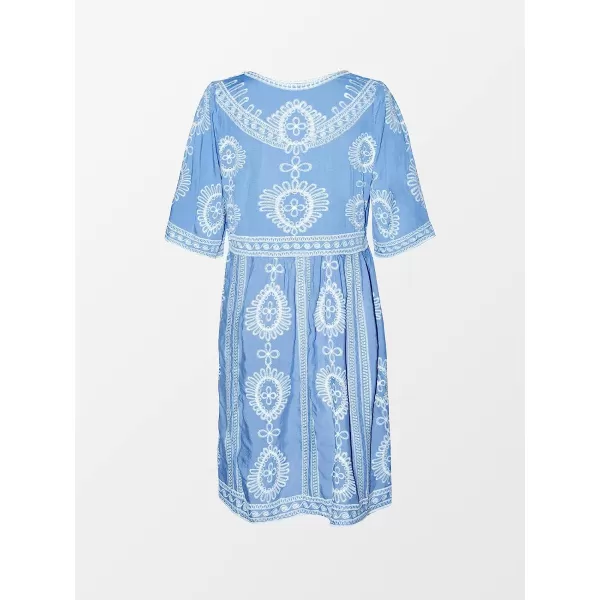 imageCUPSHE Womens Crochet V Neck Plunge Embroidery Half Sleeves Cover Up Loose Waisted Tea Length DressBlue