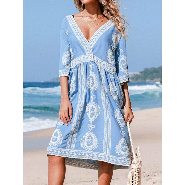 imageCUPSHE Womens Crochet V Neck Plunge Embroidery Half Sleeves Cover Up Loose Waisted Tea Length DressBlue