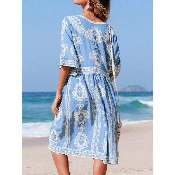 imageCUPSHE Womens Crochet V Neck Plunge Embroidery Half Sleeves Cover Up Loose Waisted Tea Length DressBlue
