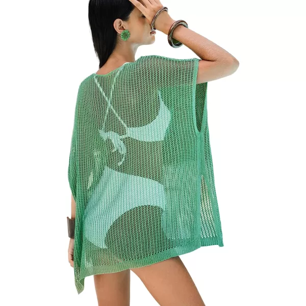 imageCUPSHE Womens Crochet VNeck CoverUp Sheer Knit Mini Dress Beachwear Short Dolman SleevesGreen