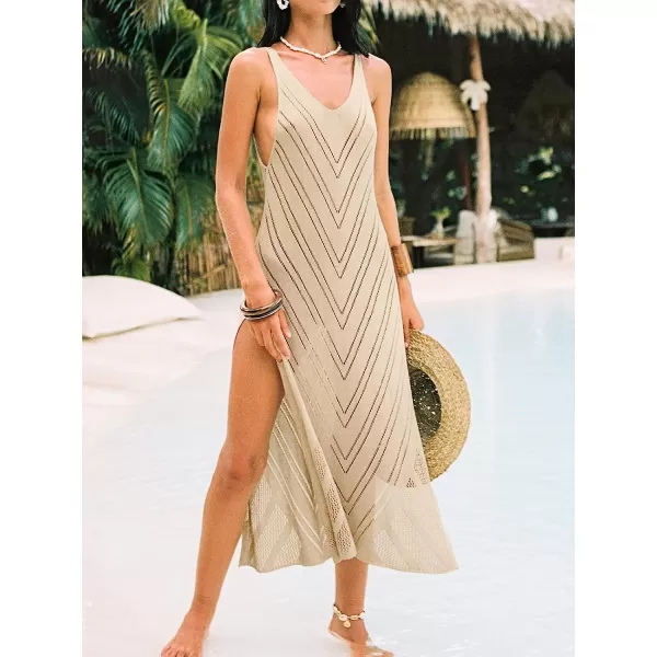 imageCUPSHE Womens Crochet VNeck CoverUp Wide Straps Sheer Knit Maxi Dress BeachwearKhaki