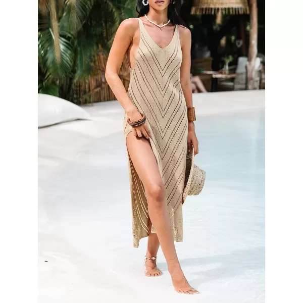 imageCUPSHE Womens Crochet VNeck CoverUp Wide Straps Sheer Knit Maxi Dress BeachwearKhaki
