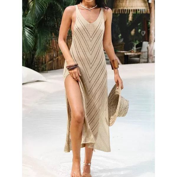 imageCUPSHE Womens Crochet VNeck CoverUp Wide Straps Sheer Knit Maxi Dress BeachwearKhaki