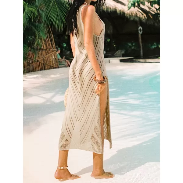 imageCUPSHE Womens Crochet VNeck CoverUp Wide Straps Sheer Knit Maxi Dress BeachwearKhaki
