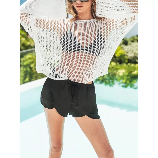 imageCUPSHE Womens Cutout Crochet Swim Beach Cover Up Long Sleeve Pull Over Tunic Top BeachwearWhite