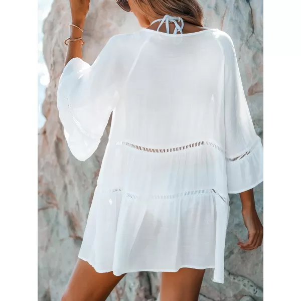 imageCUPSHE Womens Cutout Tiered CoverUp Shirt Dress White Vneck Aline BeachwearWhite