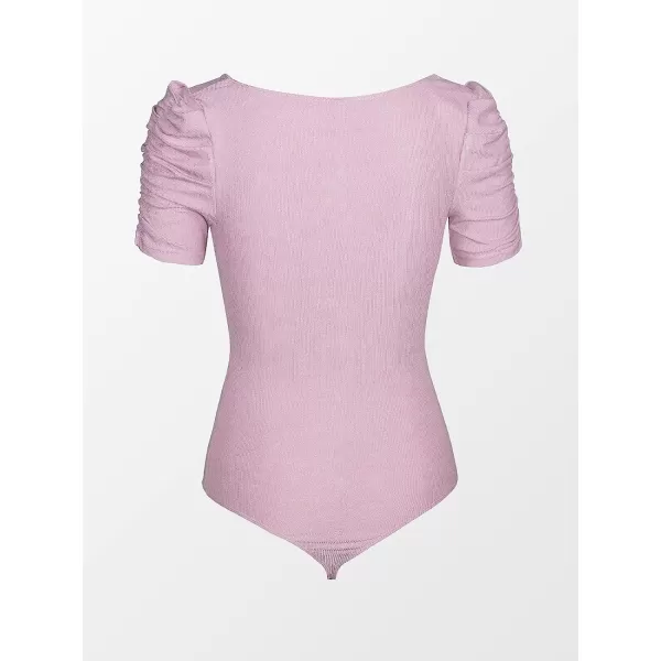 imageCUPSHE Womens Deep V Neck Puffed Short Sleeve Ruched Bodysuit Solid PinkPink