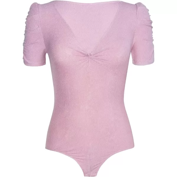 imageCUPSHE Womens Deep V Neck Puffed Short Sleeve Ruched Bodysuit Solid PinkPink