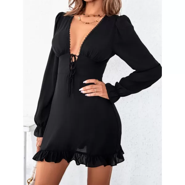 imageCUPSHE Womens Deep V Neck Short Length Dresses Knot Front Ruffled Dresses with Long SleevesBlack