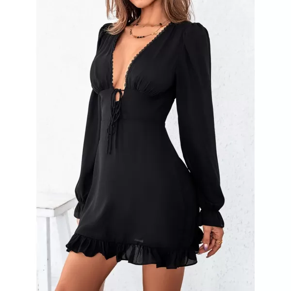 imageCUPSHE Womens Deep V Neck Short Length Dresses Knot Front Ruffled Dresses with Long SleevesBlack