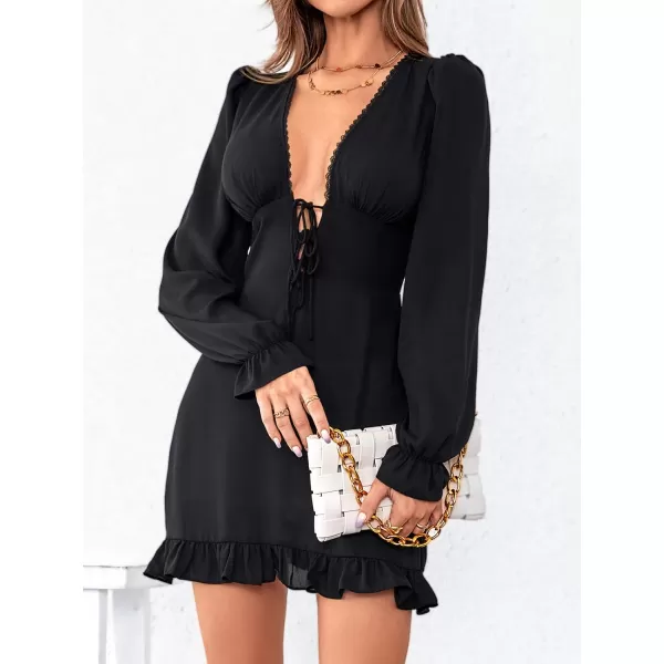 imageCUPSHE Womens Deep V Neck Short Length Dresses Knot Front Ruffled Dresses with Long SleevesBlack