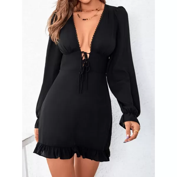imageCUPSHE Womens Deep V Neck Short Length Dresses Knot Front Ruffled Dresses with Long SleevesBlack