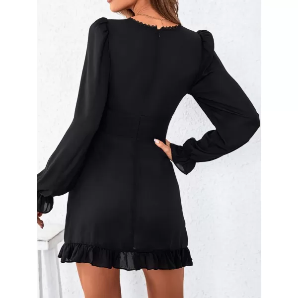 imageCUPSHE Womens Deep V Neck Short Length Dresses Knot Front Ruffled Dresses with Long SleevesBlack