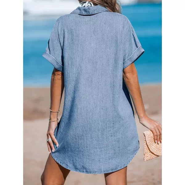 imageCUPSHE Womens Denim Mini Dress Button V Neck Short Sleeve Summer Casual Shirt Dress with PocketsBlue