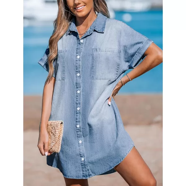 imageCUPSHE Womens Denim Mini Dress Button V Neck Short Sleeve Summer Casual Shirt Dress with PocketsBlue