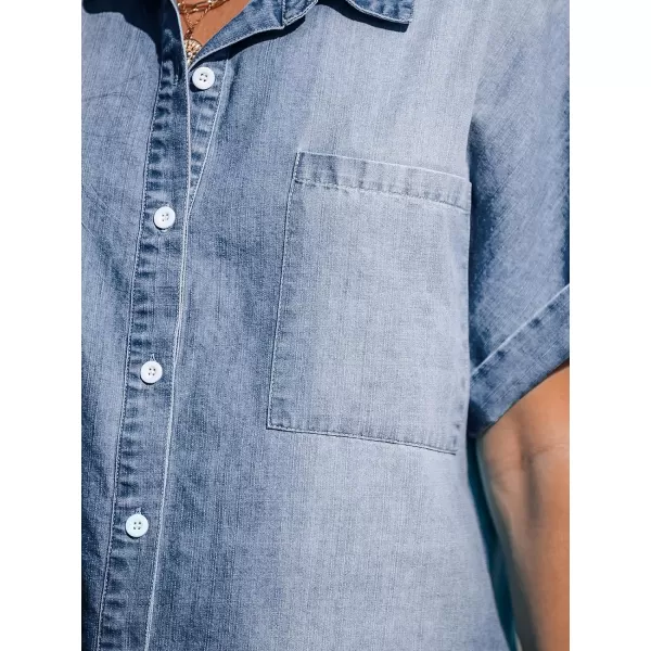 imageCUPSHE Womens Denim Mini Dress Button V Neck Short Sleeve Summer Casual Shirt Dress with PocketsBlue
