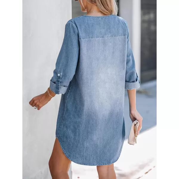 imageCUPSHE Womens Denim Mini Dress Long Sleeves Dresses VNeck Dressing Rolltab Cuffs CasualBlue
