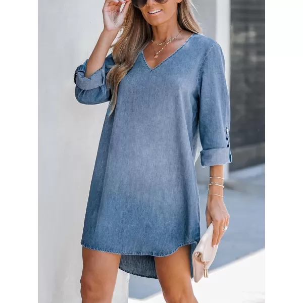 imageCUPSHE Womens Denim Mini Dress Long Sleeves Dresses VNeck Dressing Rolltab Cuffs CasualBlue