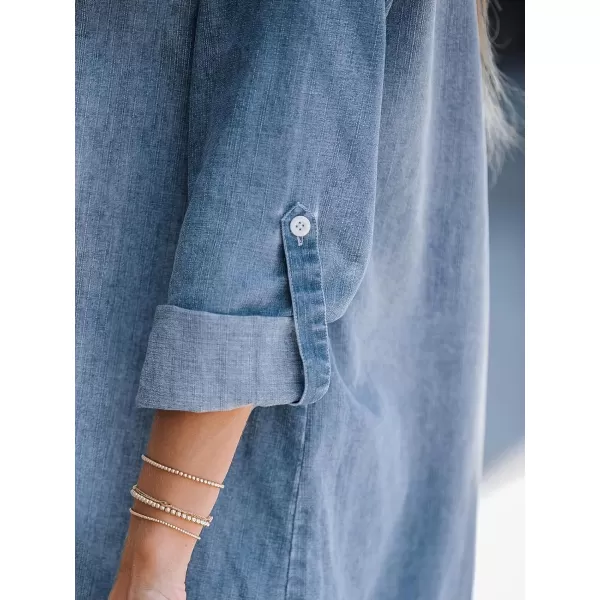 imageCUPSHE Womens Denim Mini Dress Long Sleeves Dresses VNeck Dressing Rolltab Cuffs CasualBlue